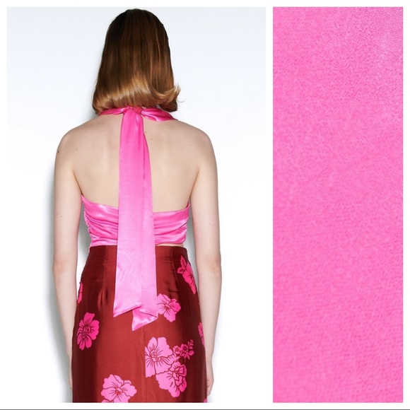 NWT. Zara Pink Satin Effect Halter Crop Top. Size M. - Picture 4 of 9